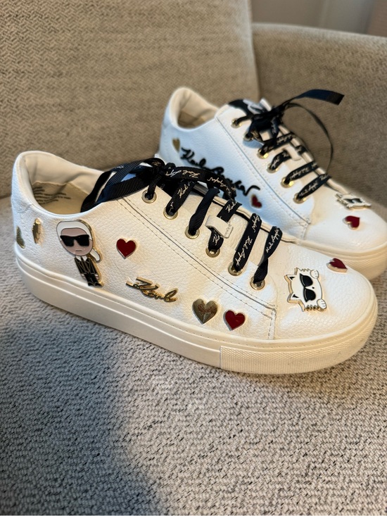 Karl Lagerfeld Shoes - White Embellished Platform Sneakers with Heart & Character Details